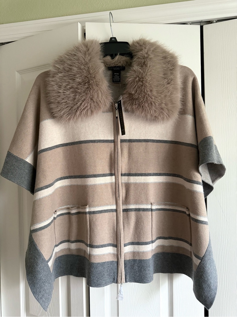 Investments Removable Faux Fur Collar Two-Way Zip Front Stripe Poncho Cardigan